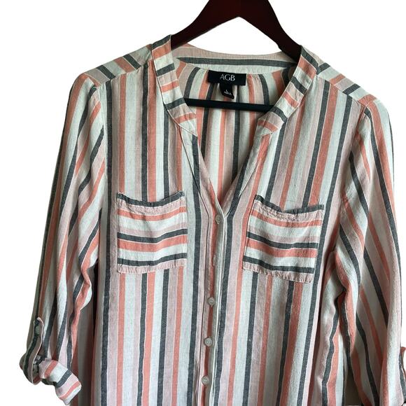 AGB Women Tunic Top L Multicolor Striped Roll Tab Long Sleeve Beachy Coastal - Picture 5 of 11